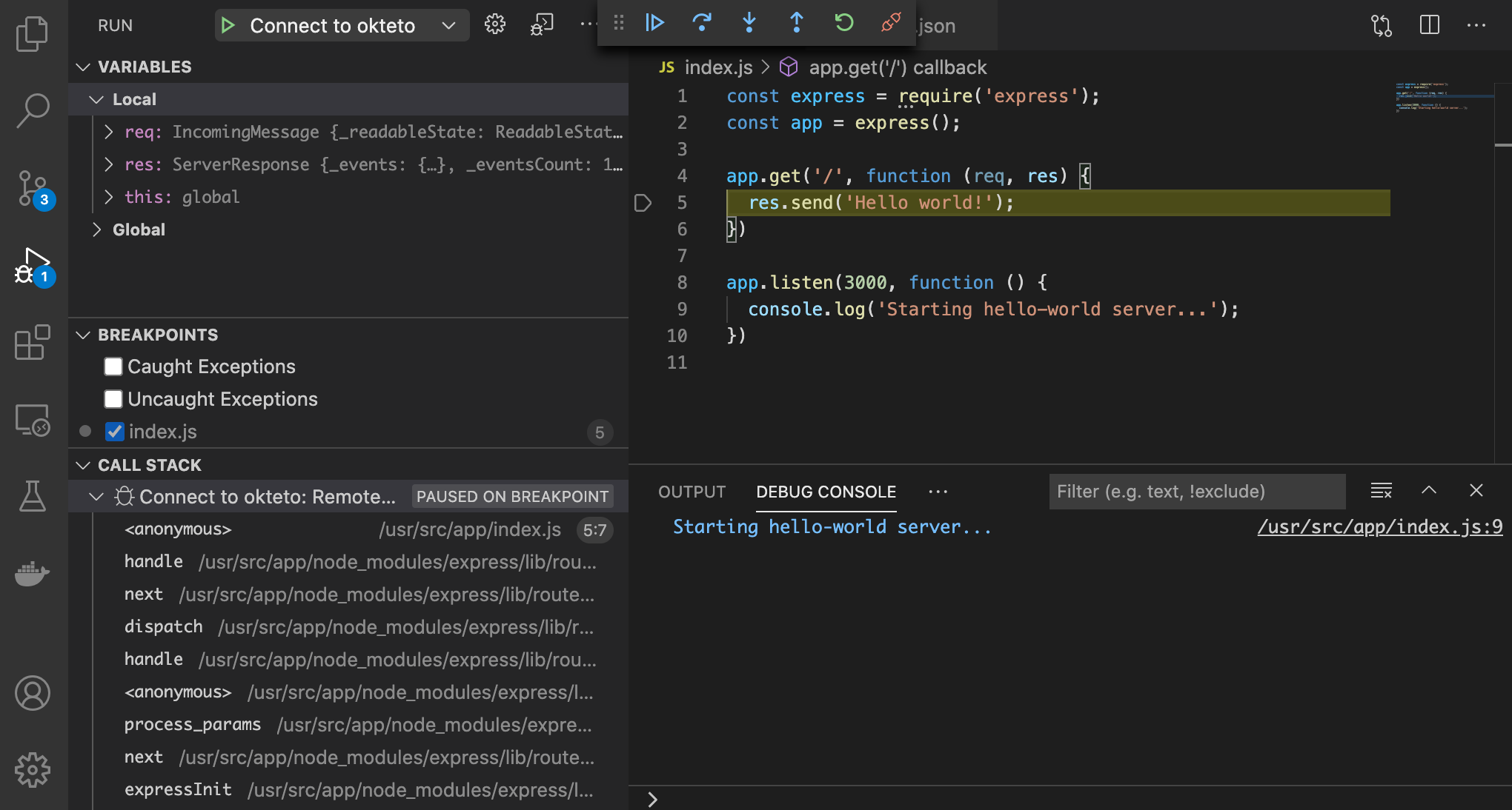 breakpoint in Node.js